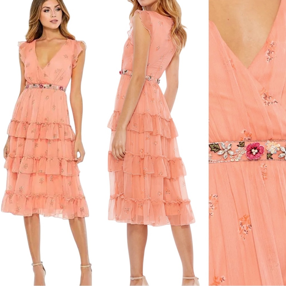 Mac Duggal Floral Print Ruffle Tiered Faux Wrap Dress Size 6